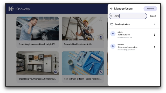 <h3>👤 Account, Users & Teams</h3><p>Learn how to create your organization, invite your team, and manage access with roles and permissions:</p><ul><li><p><a target="_blank" rel="noopener noreferrer nofollow" class="e-rte-anchor" href="https://knowby.show/4772e6be-cb3c-48eb-80aa-156c50bf3e35">Sign Up and create a new organisation</a></p></li></ul><ul><li><p><a target="_blank" rel="noopener noreferrer nofollow" class="e-rte-anchor" href="https://knowby.show/7e5f590d-b231-4dc9-8680-475e4af6b47d">Resetting your Knowby password</a></p></li></ul><ul><li><p><a target="_blank" rel="noopener noreferrer nofollow" class="e-rte-anchor" href="https://www.knowby.co/know-how/understanding-user-roles-in-knowby-pro">Understanding user roles in Knowby Pro</a></p></li></ul><ul><li><p><a target="_blank" rel="noopener noreferrer nofollow" class="e-rte-anchor" href="https://knowby.show/3059169f-ef57-4f1f-826e-cdc3675f7ad7">How to add a user to the organisation</a></p></li></ul><ul><li><p><a target="_blank" rel="noopener noreferrer nofollow" class="e-rte-anchor" href="https://knowby.show/1bdc1d33-b9cf-4fd8-ae05-f2bcde605539">Dealing with an expired invitation</a></p></li></ul><ul><li><p><a target="_blank" rel="noopener noreferrer nofollow" class="e-rte-anchor" href="https://knowby.show/128ec988-2fac-4847-8916-c1699b16d2f3">Manage teams and restrict knowby access</a></p></li></ul><p>ㄹㅇㄴㄹ</p>