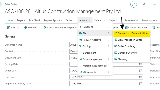 <p>Another drop-down bar should appear.</p><p>Click on Create Prod. Order - All Lines</p>
