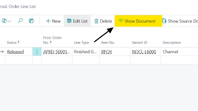 <p>Click on Show document to take you to the production order.</p>