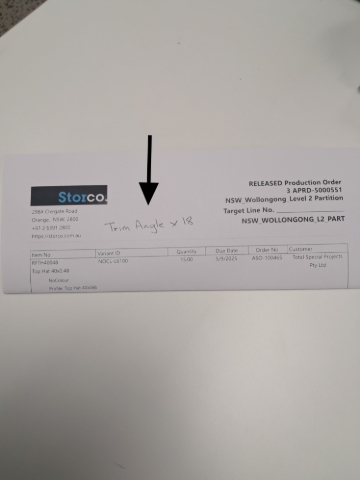 <p>Remember to write the amount of trim angle needed on a 6m tophat or zinc channel ticket to the tophat or channel person can pack it with their product. </p>