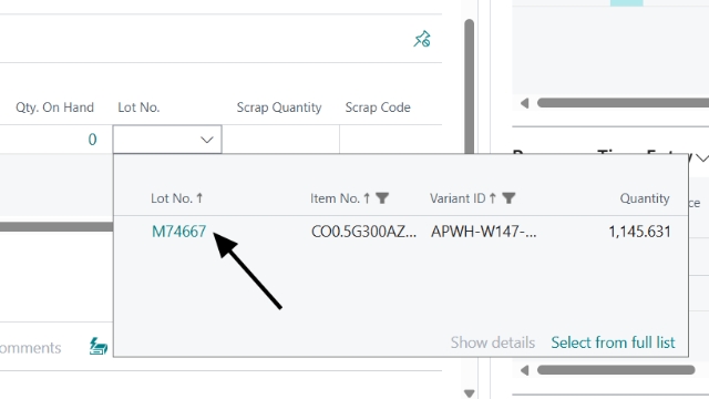 <p>Click on Lot No. and a drop-down bar will appear. Click on the coil you want to use.</p>