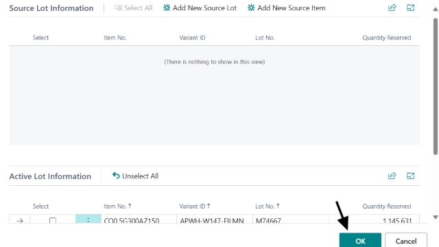 <p>After clicking the button, it will move from Source Lot Information to Active Lot Information.</p><p>Click OK.</p>