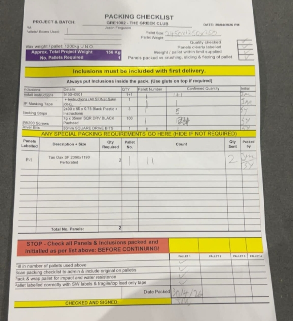 <p>Packing check list to be ticked off to confirm each item included in pallet.</p>