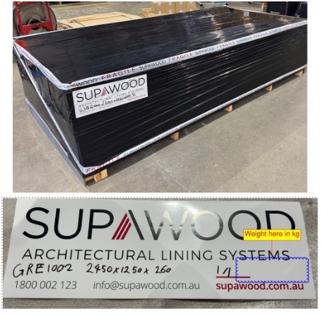 <p><span style="color: rgb(0, 0, 0); line-height: 1.4;">Apply Supawood and label stickers to both long sides.</span></p><p><span style="color: rgb(0, 0, 0); line-height: 1.4;">On the left side. Hand Write weight of pallet, Batch code, pallet size and number of pallets in batch. </span></p>