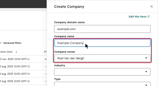 <p>Enter the Company name, check that the Company owner is correct (it defaults to you), and fill in Industry, Type, City, Postal code, Number of employees and Annual revenue where known.</p>