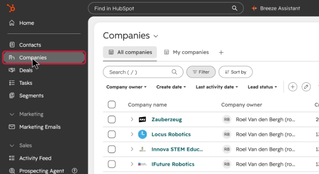 <p>Log in to HubSpot and click Companies in the left-hand navigation menu.</p>