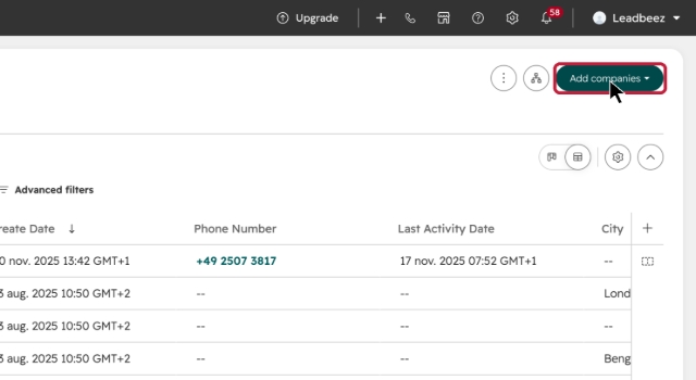 <p>On the Companies overview, click the green Add companies button in the top-right corner.</p>
