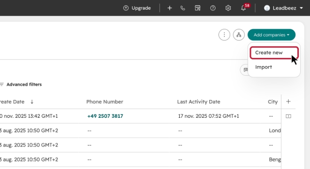 <p>Select Create new from the dropdown menu. (Use Import instead to upload several companies from a file.)</p>