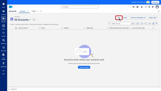 <p>Click New in the top-right corner of the Accounts list.</p>