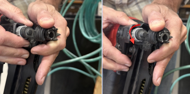 <p>Adjust the grey knob clockwise(down) to change relationship of the outer spike vs the inner gun tip. This will allow the tip to be closer to the wood and result in a deeper nail. Test until nail is just below wood surface</p>