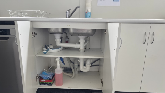 <p>Store cleaning supplies under the sink.</p>