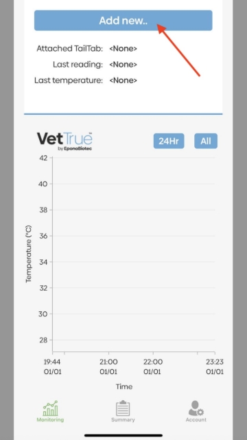 <p>PAIRING A TAILTAB™ SENSOR TO THE APP</p><ul><li>Open the App and tap 'Add New'</li></ul>