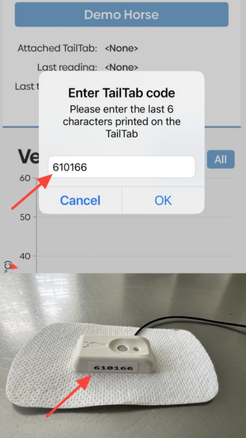 <ul><li><span style="font-family: Roboto, "Segoe UI", GeezaPro, "DejaVu Serif", sans-serif, -apple-system, BlinkMacSystemFont; font-size: 20px; text-align: inherit;">Enter the unique TailTab™ Code found printed on the side of the TailTab™ </span><span style="text-align: inherit; font-family: Roboto, "Segoe UI", GeezaPro, "DejaVu Serif", sans-serif, -apple-system, BlinkMacSystemFont; font-size: 20px;">Sensor</span></li><li><span style="font-family: Roboto, "Segoe UI", GeezaPro, "DejaVu Serif", sans-serif, -apple-system, BlinkMacSystemFont; font-size: 20px; text-align: inherit;">Then click 'OK' </span></li></ul>