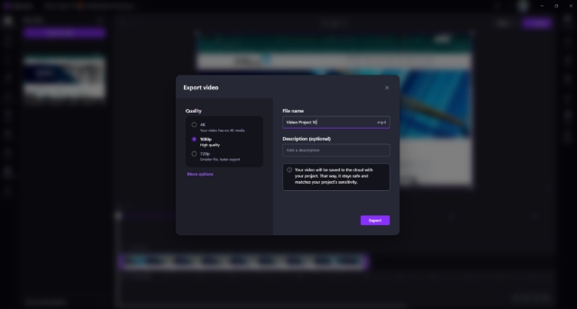 <h5>Step 12: Export the Video</h5><p></p><ol><li><p><span style="font-size: 16px; line-height: 1.4;">Click <strong>Export</strong>.</span></p></li><li><p><span style="font-size: 16px; line-height: 1.4;">Select <strong>1080p (Recommended)</strong>.</span></p></li><li><p><span style="font-size: 16px; line-height: 1.4;">Change the <strong>filename</strong></span></p></li><li><p><span style="font-size: 16px; line-height: 1.4;">Wait for the export process to complete.</span></p></li><li><p><span style="font-size: 16px; line-height: 1.4;">The video will automatically be saved to OneDrive.</span></p></li></ol><p><span style="color: rgb(36, 36, 36); font-size: 14px; line-height: 1.4;">C:\Users\User\OneDrive - FTI Group Pty Ltd\Videos\Clipchamp</span></p>