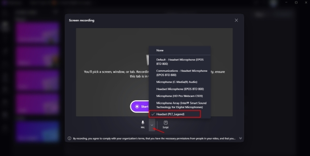 <h5>Step 4: Select Your Microphone</h5><p></p><ol><li><p><span style="font-size: 16px; line-height: 1.4;">In the Screen Recording window, click the <strong>Microphone dropdown</strong>.</span></p></li><li><p><span style="font-size: 16px; line-height: 1.4;">Select the microphone you want to use.</span></p></li><li><p><span style="font-size: 16px; line-height: 1.4;">Confirm the correct microphone is selected.</span></p></li><li><p><span style="font-size: 16px; line-height: 1.4;">Click <strong>Start Screen Recording</strong>.</span></p></li></ol><h5></h5><p></p>