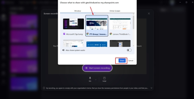 <h5>Step 5: Choose What to Record</h5><p></p><ol><li><p><span style="font-size: 16px; line-height: 1.4;">Select the application window, browser tab, or screen you want to record.</span></p></li><li><p><span style="font-size: 16px; line-height: 1.4;">Click <strong>Share</strong>.</span></p></li></ol><p><span style="font-size: 14px; line-height: 1.4;"><strong>Tip:</strong> Ensure the application or website you want to demonstrate is already open before starting.</span></p><p></p>