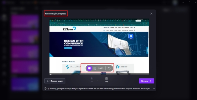 <h5>Step 6: Record Your Screen</h5><p></p><ol><li><p><span style="font-size: 16px; line-height: 1.4;">Clipchamp will begin recording.</span></p></li><li><p><span style="font-size: 16px; line-height: 1.4;">Carry out the steps you wish to demonstrate.</span></p></li><li><p><span style="font-size: 16px; line-height: 1.4;">Speak clearly into your microphone while recording.</span></p></li><li><p><span style="font-size: 16px; line-height: 1.4;">When finished, click the <strong>Stop</strong> button on the recording toolbar.</span></p></li></ol><p></p>