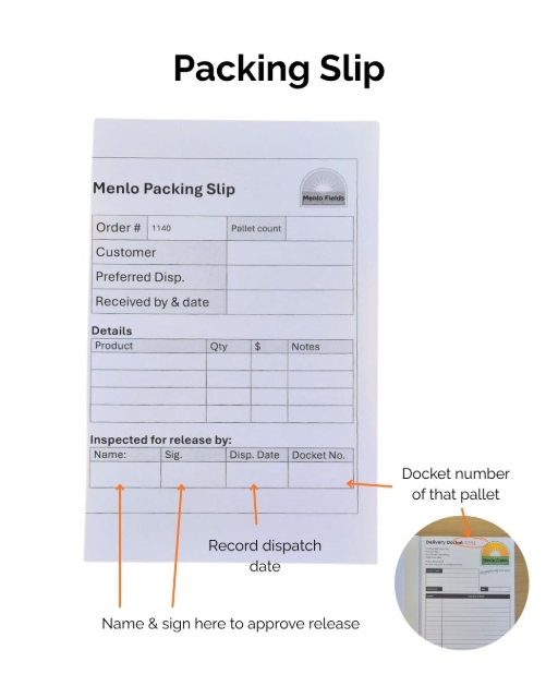 <p><strong>Packing Slip</strong></p><p>This is what will need to be filled out on a packing slip. When signing this bottom section, you sign off that you have inspected the pallet and completed the paperwork as per step 1 and 2.</p>