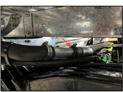 <p>Insert the steel tube into the existing hose shown by the red arrow, and then install the newly cut hose onto the end of the steel tube shown by the blue arrow.</p><p>Install the fuel breather hose to the tube shown by the green.</p>