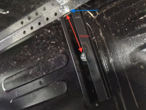 <p>Fit the low-profile bar to the drawer (<strong><em>BLUE ARROW</em></strong>) using a channel nut. Ensure the low profile is the same length on each side.</p><p>Drill through the low-profile bar and through the van 100mm from side of drawer.</p>