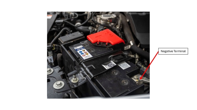 <p>Disconnect the negative (–) terminal from the vehicle battery to isolate the electrical system.</p>
