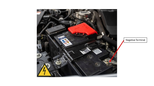 <p>Disconnect the negative (–) terminal from the vehicle battery to isolate the electrical system.</p>