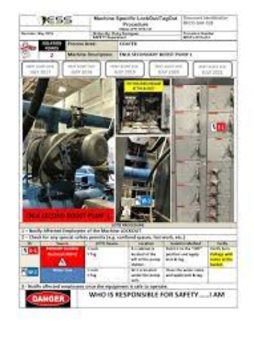 <p>4.3.3 Equipment-specific lockout procedures must contain critical information as per the Company standard.</p><p></p><p>4.3.4 Equipment-specific energy control procedures shall be readily accessible near the applicable piece of equipment and shall be contained in the area information centers.</p><p></p><p>4.3.5 Sites shall maintain an inventory of all equipment-specific lockout procedures on Safety Champion / Skytrust and follow the systems document and record control procedures to ensure compliance.</p><p></p><p>4.3.6 New equipment or processes may not be placed into service until equipment-specific lockout procedures are developed and made accessible to authorized persons.</p>