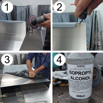 <p>Process for preparing sheet metal parts for welding.</p><ol><li>Sand all welded edges.</li><li>Deburr all welded edges.</li><li>Remove protective plastic.</li><li>Using Isopropyl Alcohol on clean rag wipe down all welded edges.</li></ol>