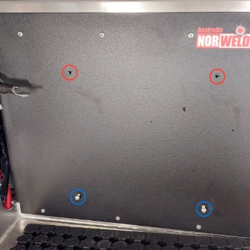 <p>Using 4mm Allen Key remover X2 top M6 bolts circled in red and undo X2 bottom M6 bolts circled in blue about half way.</p>