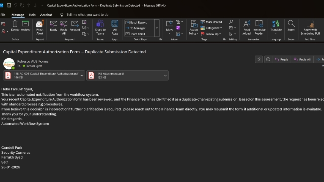 <p>After submitting the form, you will receive a notification confirming that your Capital Expense request has been successfully submitted. Once your manager approves the request, it will be forwarded to the Finance team for a duplication check.</p><p>If any duplicate entries are identified, you will receive an email notification advising you of the issue. If no duplicates are found, the request will continue through the remaining steps of the workflow.</p><p>After all required approvals have been completed, the request will be sent to the Finance team for final processing.</p>