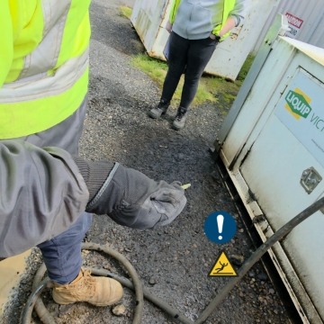 <p>Exit the vehicle. Be aware of uneven surface and trip hazards when exiting the vehicle.</p>