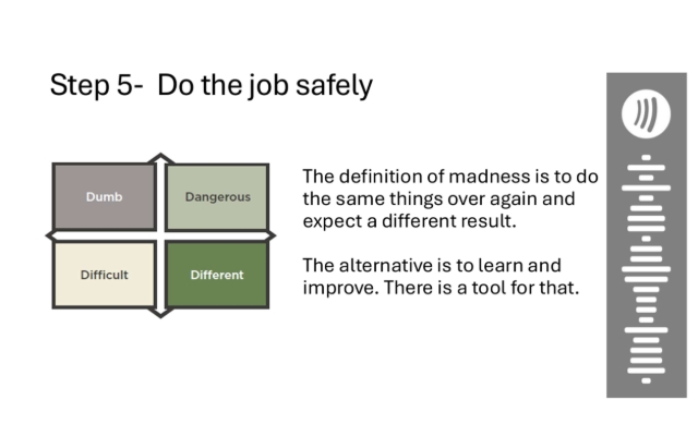You did the job. It all went well. But could it have gone better? Is there something that doesn't make sense? Is there something that feels dangerous? Has something changed since last time? Is there something that just makes things difficult?
Bring it back to the team, to your supervisors and managers? Maybe the process can be improved. Lets aim for excellence.