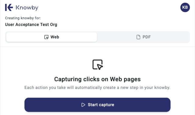 <p><strong>Guide Me</strong> works with knowbys created using the <strong>Knowby Capture</strong> extension — these are recorded from a real webpage, so Guide Me knows exactly which site to open alongside your steps.</p><blockquote><p>Not sure how to create one? Check out the <klink id="a1b4a6c3-598d-486f-90f0-a41c1a2e8457" step-id="9e59e7c6-614c-4b9b-b0bb-468a66de9de4">Capture web pages with the extension</klink> guide first.</p></blockquote><p></p>