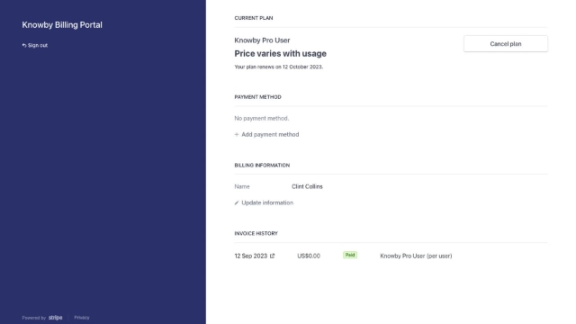 <p>The Knowby Billing Portal will open in a new browser window. In the Billing Portal you can update your Payment Method,or Billing Information, view your Invoice History or cancel your Knowby Pro plan. If you require any assistance, please reach out to us at support@knowby.co</p>