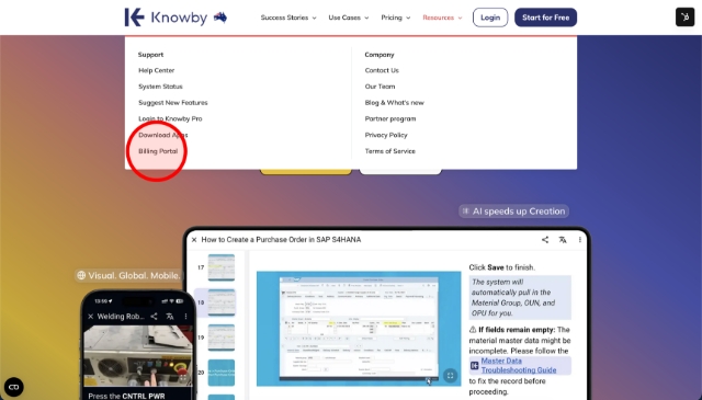 <p>Click on the following link to navigate directly to the Knowby Billing Portal: <a target="_blank" rel="noopener noreferrer nofollow" href="https://www.knowby.co/billingportal">https://www.knowby.co/billingportal</a></p><p></p><p>Alternatively, navigate to the Knowby.co website (<a target="_blank" rel="noopener noreferrer nofollow" href="https://www.knowby.co">www.knowby.co</a>), then select <strong>Resources</strong> > <strong>Billing Portal</strong> from the navigation menu.</p><p></p><blockquote><p><strong>Note:</strong> To access the Knowby Billing Portal, you need to be the owner of your respective organisation – that is, the person who originally subscribed to Knowby. This ensures secure and authorised access to billing details.</p></blockquote><p></p>