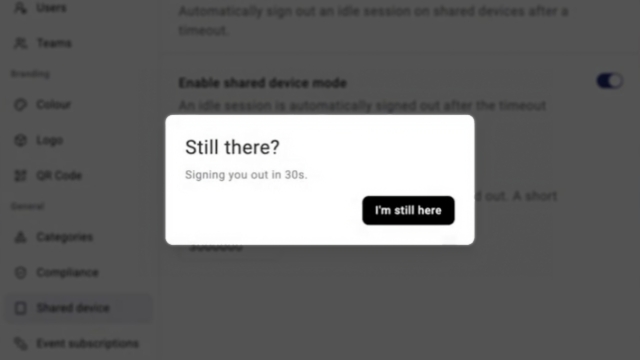 <p>If a user's inactive for that long, a short countdown warns them first. </p><p>Clicking <strong>I'm still here</strong> resets the timer — if there's no response within 30 seconds, Knowby signs them out automatically.</p>