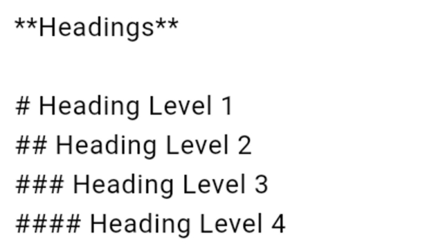 <p><strong>Headings</strong></p>
<h1>Heading Level 1</h1>
<h2>Heading Level 2</h2>
<h3>Heading Level 3</h3>
<h4>Heading Level 4</h4>