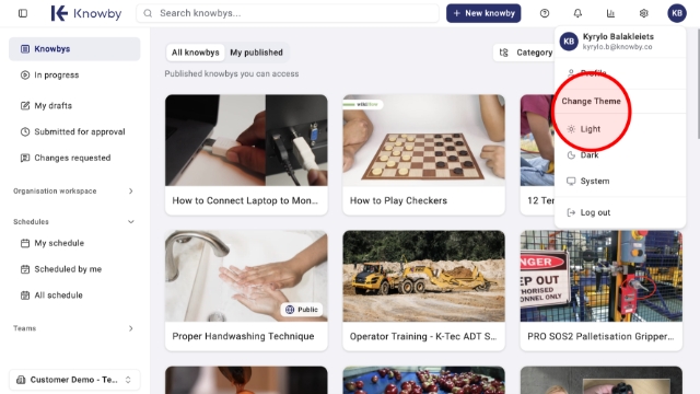 <p>Click your <strong>avatar</strong> in the top-right corner to open your account menu. </p><p>Right below your profile info, you'll see <strong>Change Theme</strong> with three options to choose from.</p>