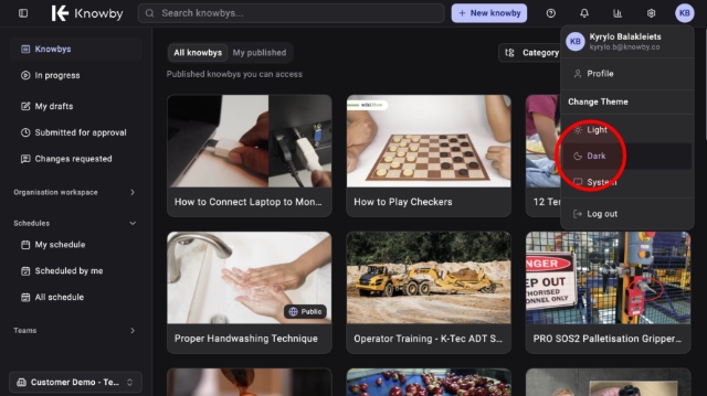 <p>Pick whichever suits you:</p><ul><li><p><strong>Light</strong> — the default bright theme</p></li><li><p><strong>Dark</strong> — a darker theme, easier on the eyes in low light</p></li><li><p><strong>System</strong> — matches whatever your device is set to</p></li></ul><blockquote><p>💡 Your choice saves automatically, so Knowby will always open in that theme.</p></blockquote><p></p>