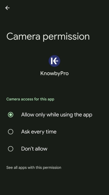 <p>Ensure that camera access is granted. This is necessary when recording a photo or video through Knowby Studio.</p><p>Repeat this step for 'Microphone' and 'Photos and videos'.</p>