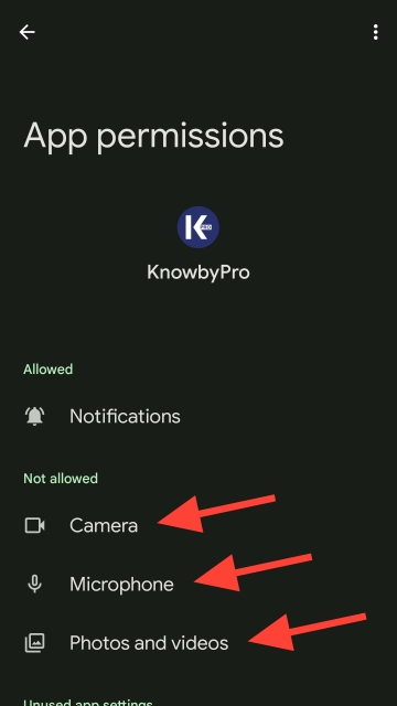 <p>You can access all app specific settings from this screen. To add media in Knowby Studio, you should give access to the camera, microphone and media library.</p>