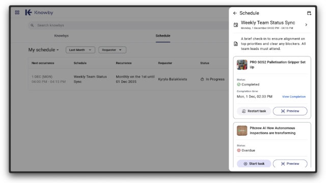 <p>This unified scheduling system ensures that:</p><ul><li><p>knowbys are delivered exactly when needed</p></li><li><p>all users receive clear email notifications</p></li><li><p>repeat training happens automatically</p></li><li><p>admins and members have full visibility into upcoming and completed tasks</p></li><li><p>training workflows remain consistent, trackable, and reliable</p></li></ul><p></p>