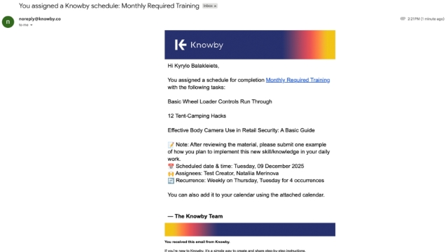 <p>The email also includes an <strong>ICS calendar attachment</strong> so the user can add the event to Google Calendar, Outlook, or any other calendar.</p><p>For recurring schedules, the ICS file includes <strong>all repeating events</strong>.</p>