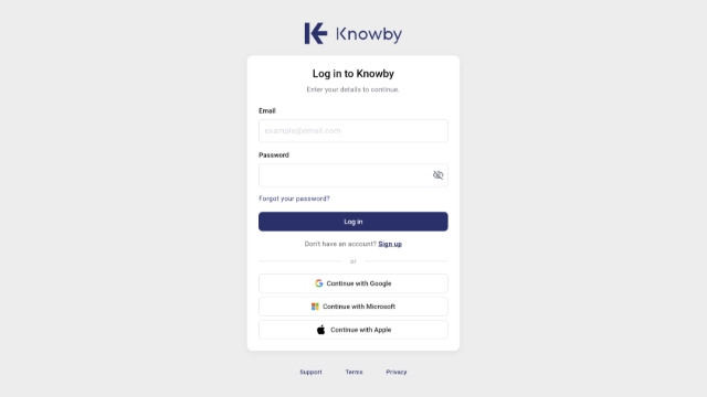 <p><span>When you create or edit a knowby for the first time, the system will ask you to log in again. This only happens once. Next time, you will go straight to the create/edit screen. <strong>Use the same account you used in Knowby Pro.</strong></span><br></p>