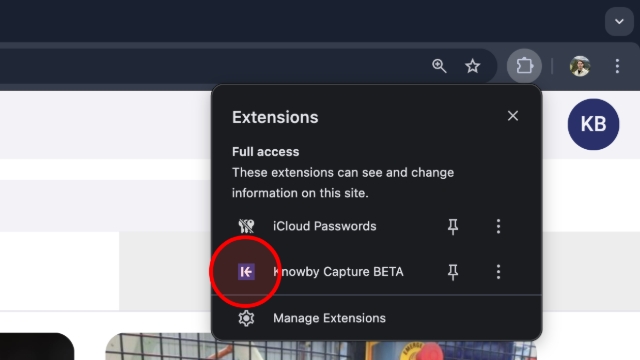 <p>Once installed, look for the <strong>Knowby Capture</strong> icon in your browser’s extension list.</p><blockquote><p>Pin it now for one-click access whenever you're ready to create.</p></blockquote><p></p>