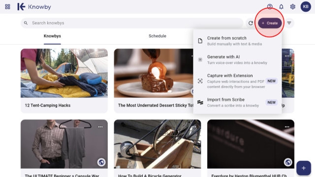 <p>Click the "<strong>+ Create</strong>" button in the top right corner of your Knowby home screen.</p>