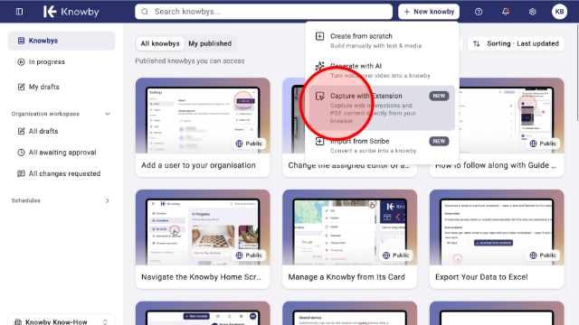 <p>Click the "<strong>+ Create</strong>" button in the top right corner of your Knowby home screen.</p><p>Select "<strong>Capture with Extension</strong>" from the dropdown menu.</p>