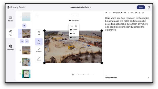 <h3>➕ Creating & Editing</h3><p>Create guides manually or let AI generate them for you. Learn to write clear steps, add media, and translate your content:</p><ul><li><a class="e-rte-anchor" href="https://knowby.show/c45fe5b9-6638-44bb-b649-f345eabfc1fe" title="https://knowby.show/c45fe5b9-6638-44bb-b649-f345eabfc1fe" target="_blank" aria-label="Open in new window"><span>How to Generate a knowby using AI</span></a></li></ul><ul><li><a class="e-rte-anchor" href="https://knowby.show/3f1ec59b-7ca4-433b-84b1-4d76dda3c014" title="https://knowby.show/3f1ec59b-7ca4-433b-84b1-4d76dda3c014" target="_blank" aria-label="Open in new window"><span>Adding and Customising a Cover Image</span></a></li></ul><ul><li><a class="e-rte-anchor" href="https://knowby.show/f04a0780-0360-4bec-92db-c3e08ef705d2" title="https://knowby.show/f04a0780-0360-4bec-92db-c3e08ef705d2" target="_blank" aria-label="Open in new window"><span>Writing Titles and Descriptions</span></a></li></ul><ul><li><a class="e-rte-anchor" href="https://knowby.show/a4385379-950b-4e35-a0f0-312be38fb5d2" title="https://knowby.show/a4385379-950b-4e35-a0f0-312be38fb5d2" target="_blank" aria-label="Open in new window"><span>Setting the Estimated Completion Time</span></a></li></ul><ul><li><a class="e-rte-anchor" href="https://knowby.show/5a1d9828-0f19-4cd7-b6f9-72c8727d1fb3" title="https://knowby.show/5a1d9828-0f19-4cd7-b6f9-72c8727d1fb3" target="_blank" aria-label="Open in new window"><span>Formatting Step Text</span></a></li></ul><ul><li><a class="e-rte-anchor" href="https://knowby.show/bdc271a6-9b3f-4c39-8b09-a7ada5adef8d" title="https://knowby.show/bdc271a6-9b3f-4c39-8b09-a7ada5adef8d" target="_blank" aria-label="Open in new window"><span>Using Step Properties</span></a></li></ul><ul><li><a class="e-rte-anchor" href="https://knowby.show/3ee3bc22-256e-4238-b74f-a8d5acb5311a" title="https://knowby.show/3ee3bc22-256e-4238-b74f-a8d5acb5311a" target="_blank" aria-label="Open in new window"><span>Editing Media in Steps</span></a></li></ul><ul><li><a class="e-rte-anchor" href="https://knowby.show/0ef8fecb-e229-4d24-a02b-8b7e2b0c0100" title="https://knowby.show/0ef8fecb-e229-4d24-a02b-8b7e2b0c0100" target="_blank" aria-label="Open in new window"><span>Managing Steps with Thumbnails</span></a></li></ul><ul><li><a class="e-rte-anchor" href="https://knowby.show/b2a27ed4-570b-4e4b-8151-123719eba655" title="https://knowby.show/b2a27ed4-570b-4e4b-8151-123719eba655" target="_blank" aria-label="Open in new window"><span>How to translate knowbys into multiple languages</span></a></li></ul><ul><li><a class="e-rte-anchor" href="https://www.knowby.co/know-how/list-of-supported-languages" title="https://www.knowby.co/know-how/list-of-supported-languages" target="_blank" aria-label="Open in new window"><span>List of supported languages<br></span></a></li></ul>