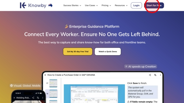 <p>Go to <a target="_blank" rel="noopener noreferrer nofollow" href="http://knowby.co">knowby.co</a> and click the <strong>Start for free</strong> button to begin the organisation setup.</p>