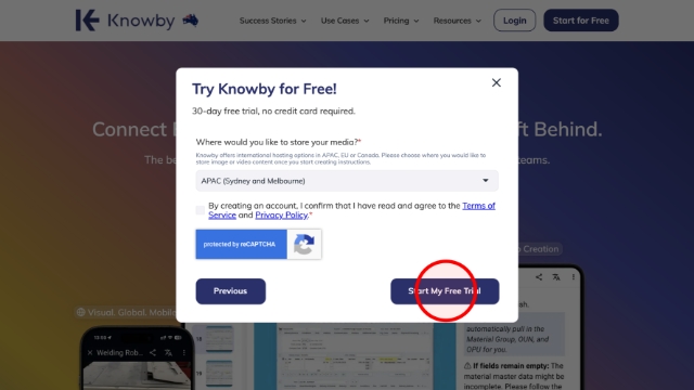 <p>On the next screen, choose <strong>Where would you like to store your media?</strong> </p><blockquote><p>Knowby offers international hosting in <strong>APAC</strong>, <strong>EU</strong>, or <strong>Canada</strong> — pick where you'd like your image and video content stored once you start creating instructions, using the dropdown menu.</p></blockquote><p>Read the <strong>Terms of Service</strong> and <strong>Privacy Policy</strong>, then tick the box confirming you've read and agree to them. </p><p>Click <strong>Start My Free Trial</strong> to finish.</p><p></p>